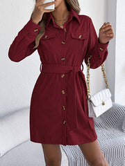 Belted Buttoned Single-Breasted Solid Color Elasticated Waist Long Sleeves Lapel Collar Shirt Dress Mini Dresses