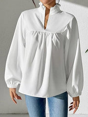 Pleated Ruffled Solid Color Long Sleeves Puff Sleeves Stand Collar Blouses&Shirts Tops