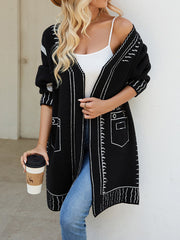 Jacquard Split-Joint Long Sleeves Loose V-Neck Cardigan Tops