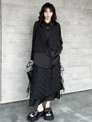 Solid Color Split-Joint Asymmetric Drawstring Flower Print False Two Lapel Buttoned Pockets Blouses&Shirts Tops + Elasticated Waist Double Layered Skirts Bottoms Two Pieces Set