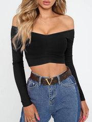 Solid Color Long Sleeves Skinny Off-The-Shoulder T-Shirts Tops