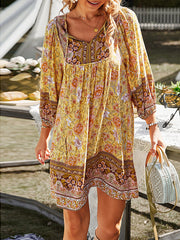 A-Line Loose Contrast Color Flower Print Pleated V-Neck Mini Dresses