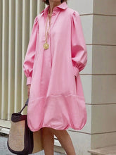 Buttoned Pleated Pockets Solid Color Long Sleeves Loose Lapel Midi Dresses