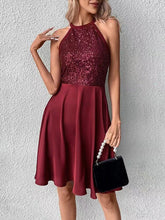 Sequined Solid Color Split-Joint Zipper Sleeveless Round-neck Mini Dresses