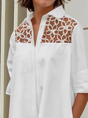 Gauze See-Through Solid Color Split-Joint Long Sleeves Loose Lapel Shirt Dress Midi Dresses