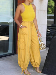 Loose Drawstring Elasticity Pockets Solid Color Casual Pants Bottoms Cropped Trousers Trousers