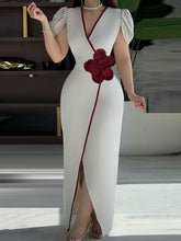 Pleated Solid Color Split-Front Three-Dimensional Flower Bodycon Short Sleeves V-Neck Maxi Dresses
