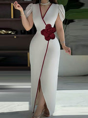 Pleated Solid Color Split-Front Three-Dimensional Flower Bodycon Short Sleeves V-Neck Maxi Dresses