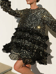 Layered Ruffled Sequined Long Sleeves Loose Round-Neck Mini Dresses
