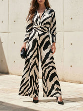 Long Sleeves Wide Leg Split-Joint Tied Waist Zebra Printed Lapel Jumpsuits