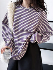 Contrast Color Striped Long Sleeves Loose Round-neck Sweatshirt Tops