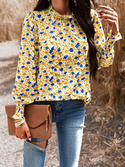 Elasticity Flower Print Ruffled Long Sleeves Loose Mock Neck Blouses&Shirts Tops
