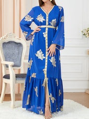 Pleated Printed Split-Front Split-Joint Tied Waist Long Sleeves Loose V-Neck Maxi Dresses