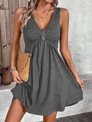 Buttoned Pleated Solid Color Split-Joint A-Line High Waisted V-Neck Mini Dresses