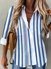 Long Sleeves Loose Contrast Color Striped Lapel Blouses