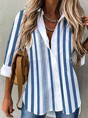 Long Sleeves Loose Contrast Color Striped Lapel Blouses
