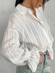 Drawstring See-Through Solid Color Split-Joint Loose Puff Sleeves Lapel Blouses&Shirts Tops