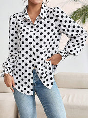 Buttoned Elasticity Polka-Dot Split-Joint Long Sleeves Loose Lapel Blouses&Shirts Tops