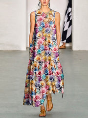Flower Print Pleated Pockets Loose Sleeveless Round-Neck Midi Dresses