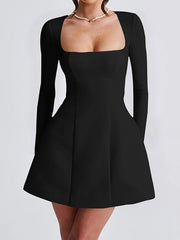 Solid Color Zipper A-Line Bodycon Square-Neck Mini Dresses