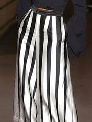 Buttoned Contrast Color Pockets Striped Loose Wide Leg Trousers Pants