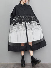 Buttoned Gauze Printed Split-Joint A-Line Long Sleeves Lapel Midi Dresses