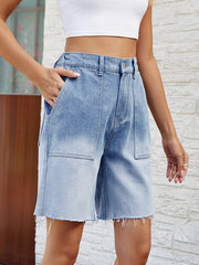 Buttoned Elasticity Fringed Pockets Split-Joint Loose Denim Shorts