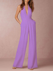 Backless Solid Color Sleeveless Wide Leg Halter-Neck Jumpsuits