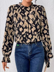 Elasticity Hollow Leopard Flared Sleeves Long Sleeves Mock Neck Blouses&Shirts Tops