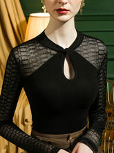 Hollow Jacquard Solid Color Split-Joint Long Sleeves Plus Size Round-Neck T-Shirts Tops