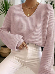 Solid Color Split-Joint Long Sleeves Loose V-Neck Sweater Tops Pullovers