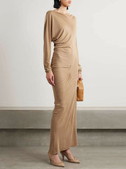 Pleated Solid Color Split-Joint Long Sleeves Skinny Round-neck Maxi Dresses