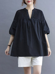 Hollow Pleated Solid Color Split-Joint Half Sleeves Loose V-Neck T-Shirts