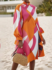 Printed A-Line Long Sleeves Mock Neck Midi Dresses