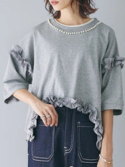 Beaded Ruffled Solid Color Half Sleeves Round-Neck T-Shirts Tops&Pants Two Pieces Set
