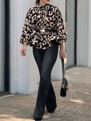 Leopard Pleated Printed Loose Puff Sleeves High Neck Blouses&Shirts Tops