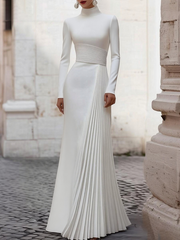 Pleated Solid Color Split-Joint Zipper High Waisted Long Sleeves Mock Neck Maxi Dresses