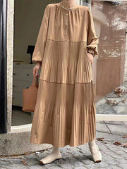 Buttoned Pleated Solid Color Split-Joint A-Line Long Sleeves Round-Neck Midi Dresses