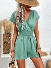 Elasticity Pleated Solid Color Split-Joint Loose Raglan Sleeve V-Neck Rompers