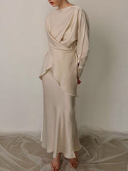 Loose Solid Color Split-Joint Boat Neck Long Sleeves Blouse & Shirt + Skirt Two Pieces Set