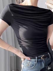 Pleated Solid Color Loose Short Sleeves Boat Neck T-Shirts Tops