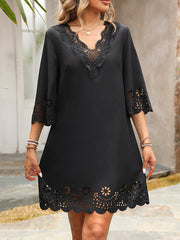 Hollow Solid Color Split-Joint A-Line Half Sleeves V-Neck Mini Dresses
