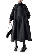 Embossed Pockets Quilted Solid Color Split-Joint A-Line Long Sleeves High Neck Sweater Dresses Midi Dresses