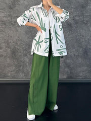 Lapel Printed High-Low Buttoned Pockets Blouse+ High Waisted Elasticity Pleated Split-Side Pants Two Pieces Set