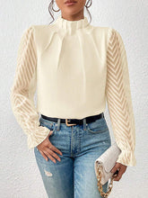 Elasticity Mesh Pleated Solid Color Long Sleeves Loose Mock Neck Blouses&Shirts Tops