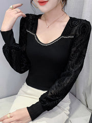 Rhine Stones Split-Joint Velvet Long Sleeves Skinny Square-Neck T-Shirts Tops
