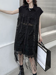 Sleeveless See-Through Split-Joint Tasseled Lapel Lace Midi Dresses