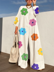 Contrast Color Floral Printed Flower Print Long Sleeves Loose Jumpsuits