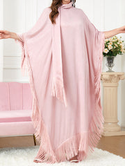 Ribbon Solid Color Tasseled A-Line Batwing Sleeves Maxi Dresses