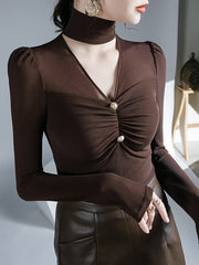 Mesh Pleated Solid Color Long Sleeves Skinny V-Neck T-Shirts Tops